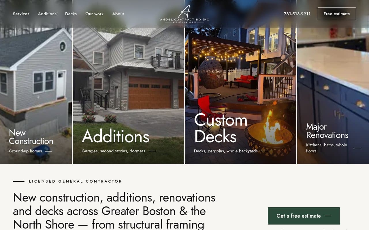 Angel Contracting homepage with panels for new construction, additions, decks and renovations
