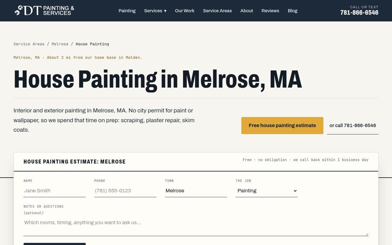 A service-and-town page with its own estimate form