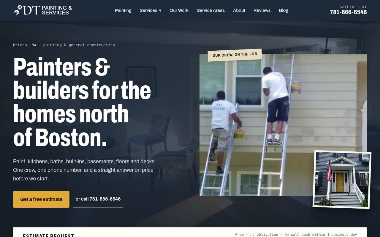 DT Painting & Services homepage with two painters on ladders and an estimate request form