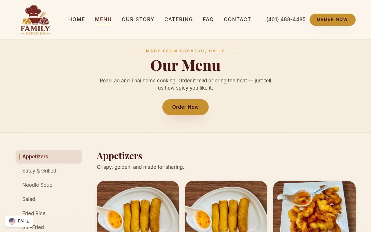 Online menu, built from the menu database