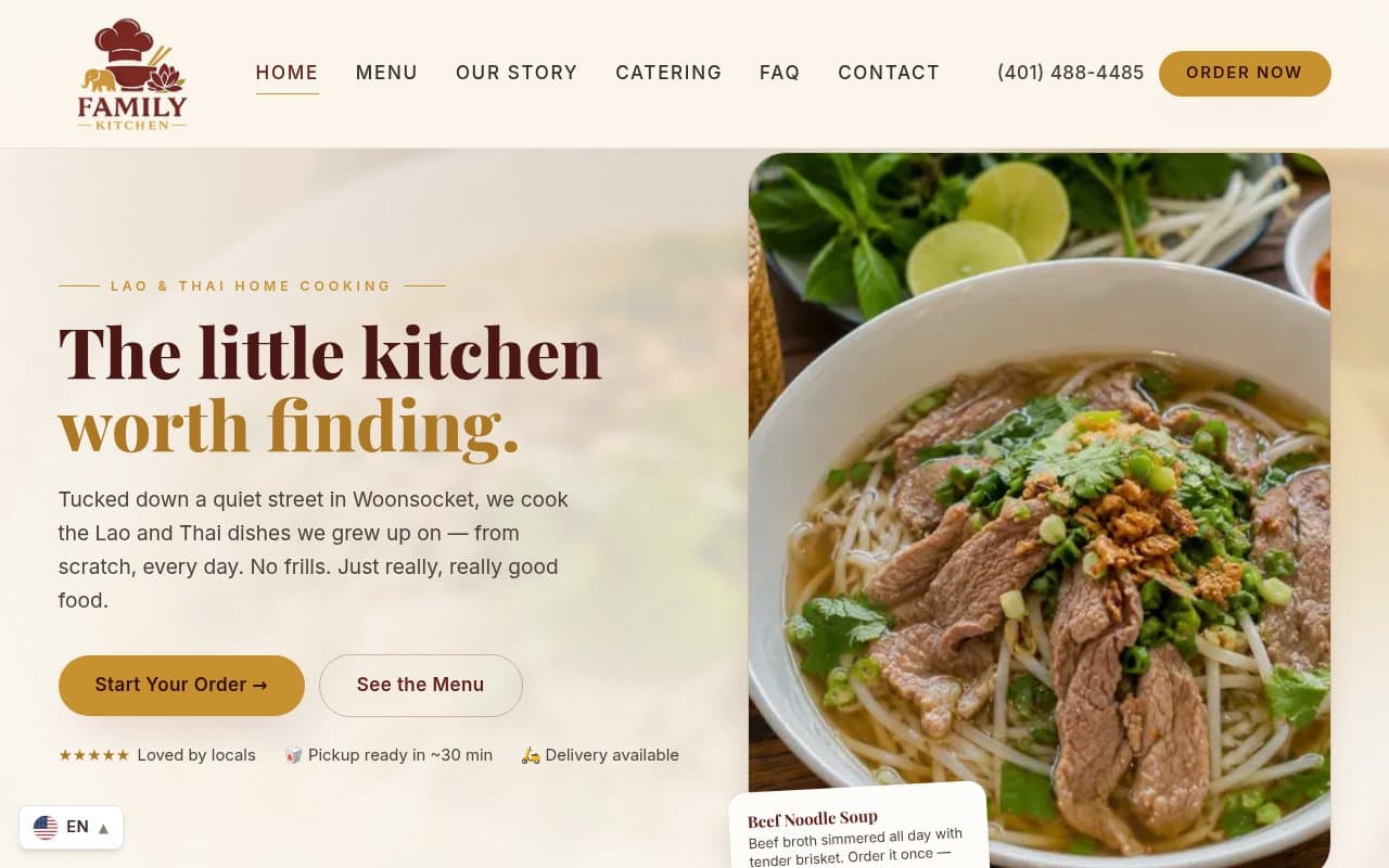 Family Kitchen homepage with a bowl of beef noodle soup