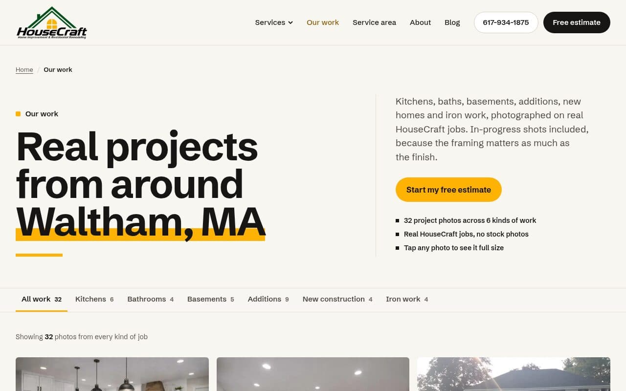 Our Work: 32 real job photos, filterable by trade