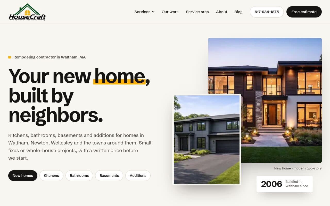 HouseCraft homepage with a finished modern two-story home and the headline “Your new home, built by neighbors”
