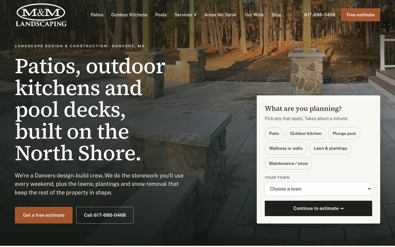 M&M Landscaping homepage with a stone patio and an estimate form