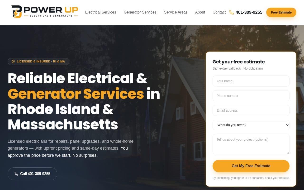 Power Up Electrical homepage with an estimate request form
