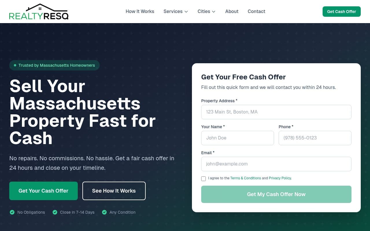 RealtyResq homepage with a cash-offer lead form