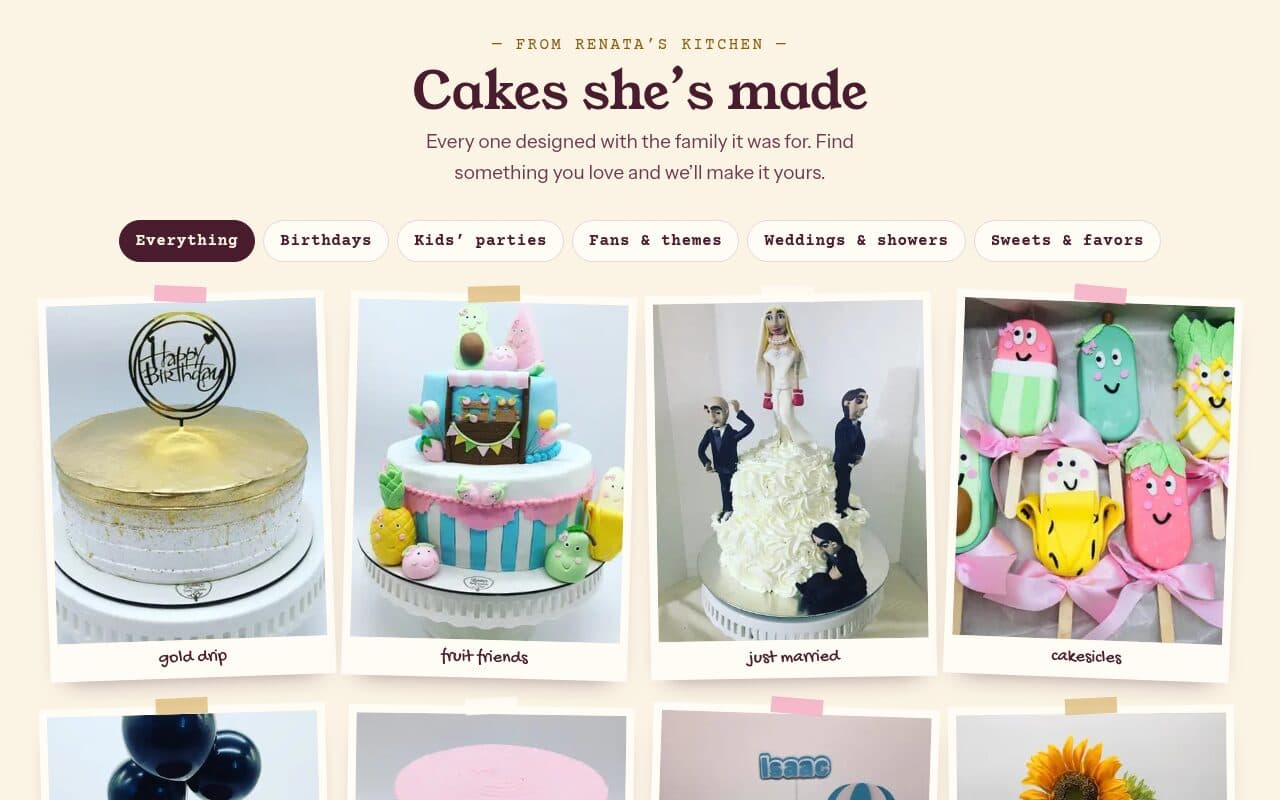 Custom-cake gallery, filterable by occasion