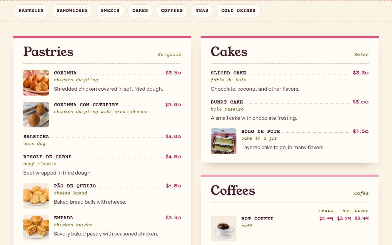 The menu, with prices and photos the owner edits from a phone