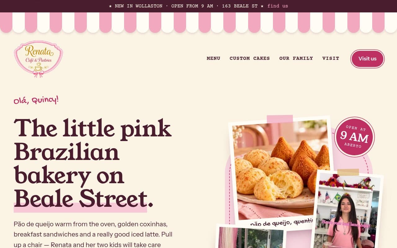 Renata Café & Pastries homepage with pão de queijo and coxinhas under a pink striped awning