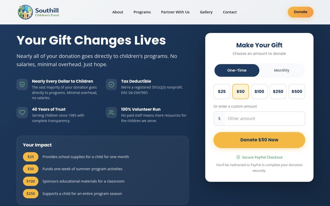 Donate page: one-time or monthly, with what each gift pays for