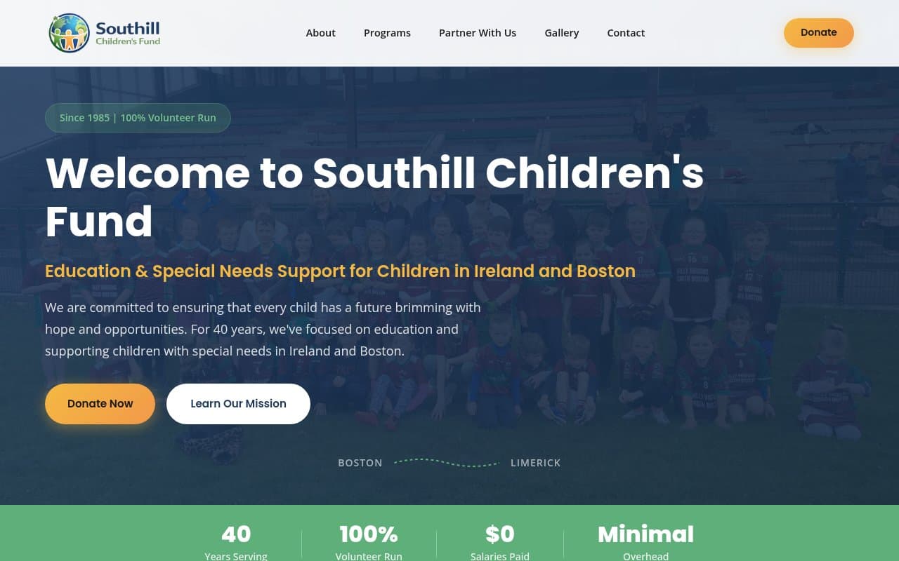 Southill Children’s Fund homepage with a photo of the children and volunteers